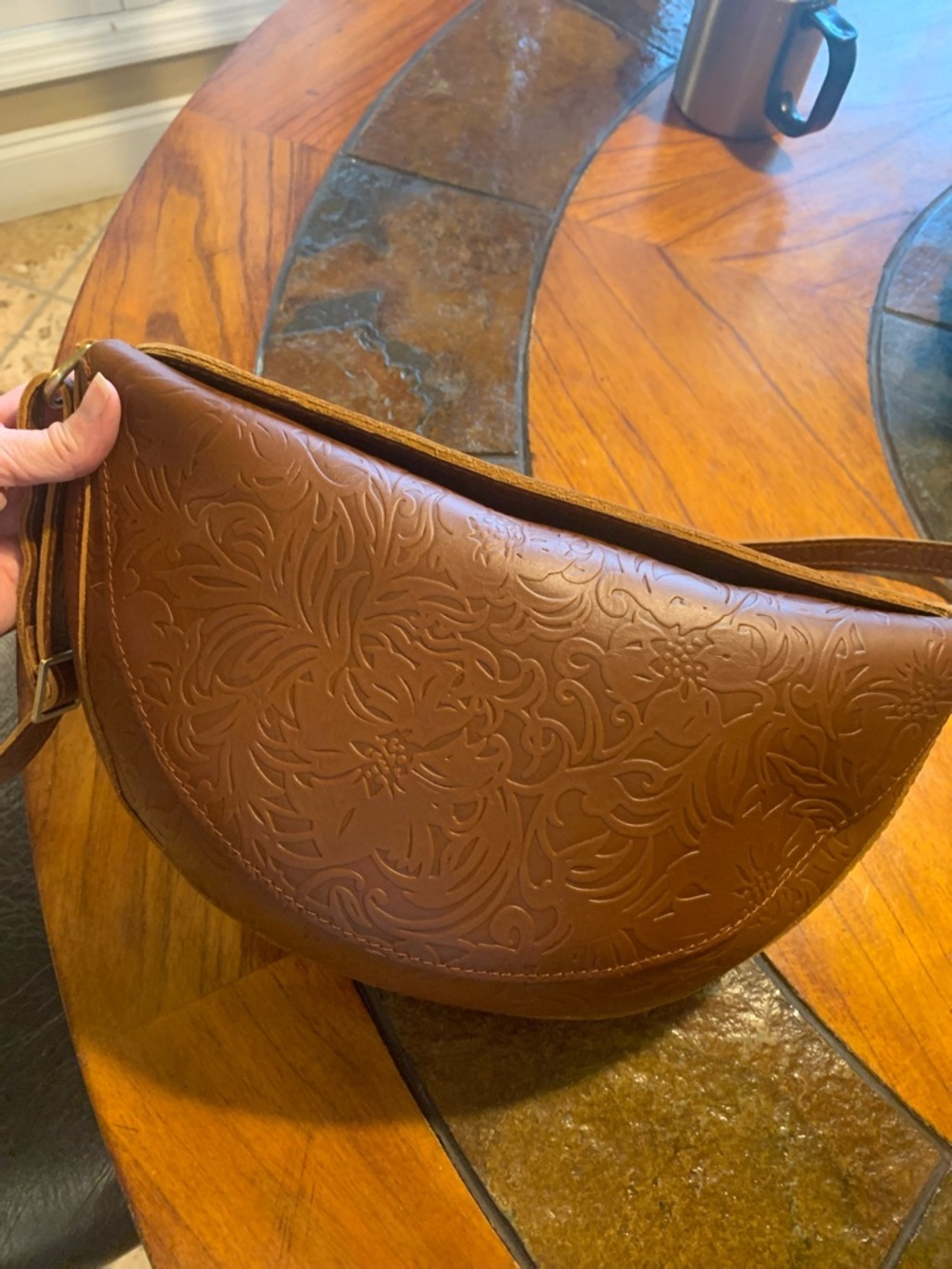 Portland Leather Koala Sling Bag in Warm Brown Embossed Leather- Large size